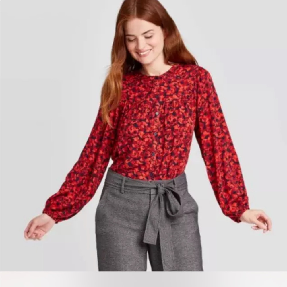 a new day red floral romantic puff sleeve peasant blouse size L